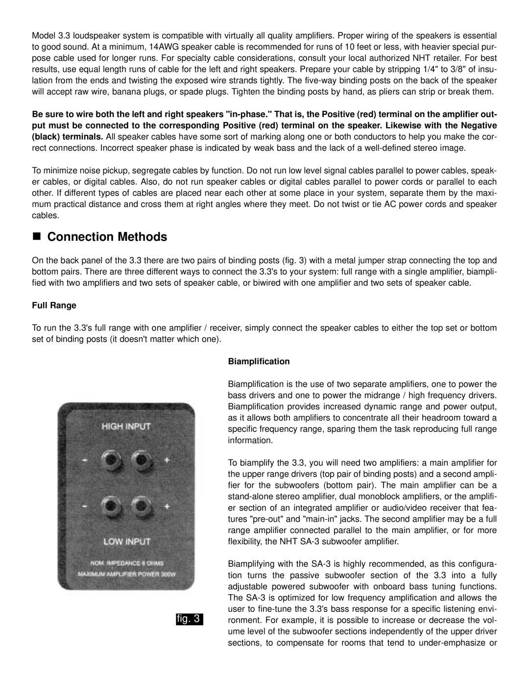 NHT 3.3 owner manual Connection Methods, Full Range, Biamplification 