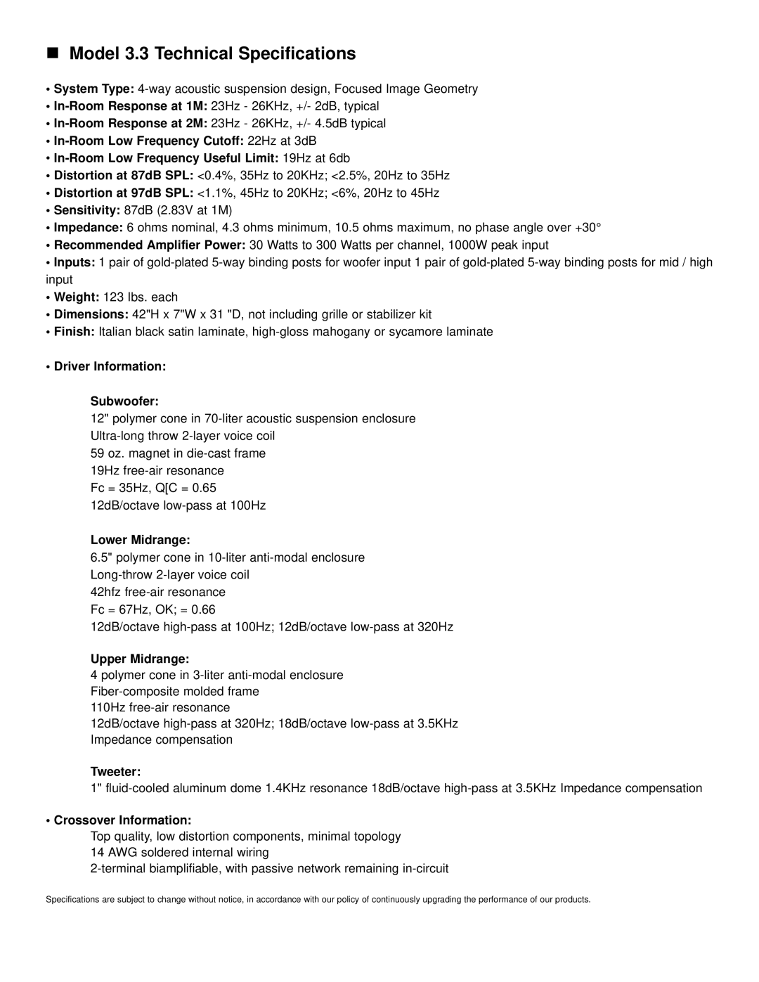 NHT owner manual Model 3.3 Technical Specifications 