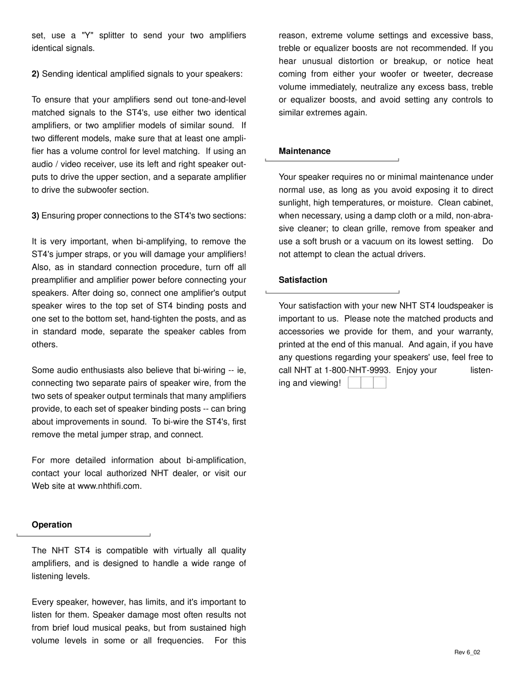 NHT 4 user manual Operation, Maintenance, Satisfaction 