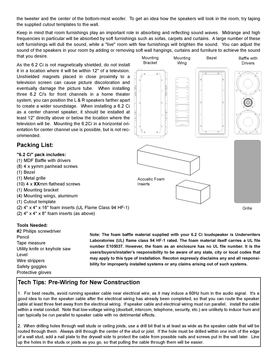 NHT 6.2 Ci owner manual Packing List, Tech Tips Pre-Wiring for New Construction 