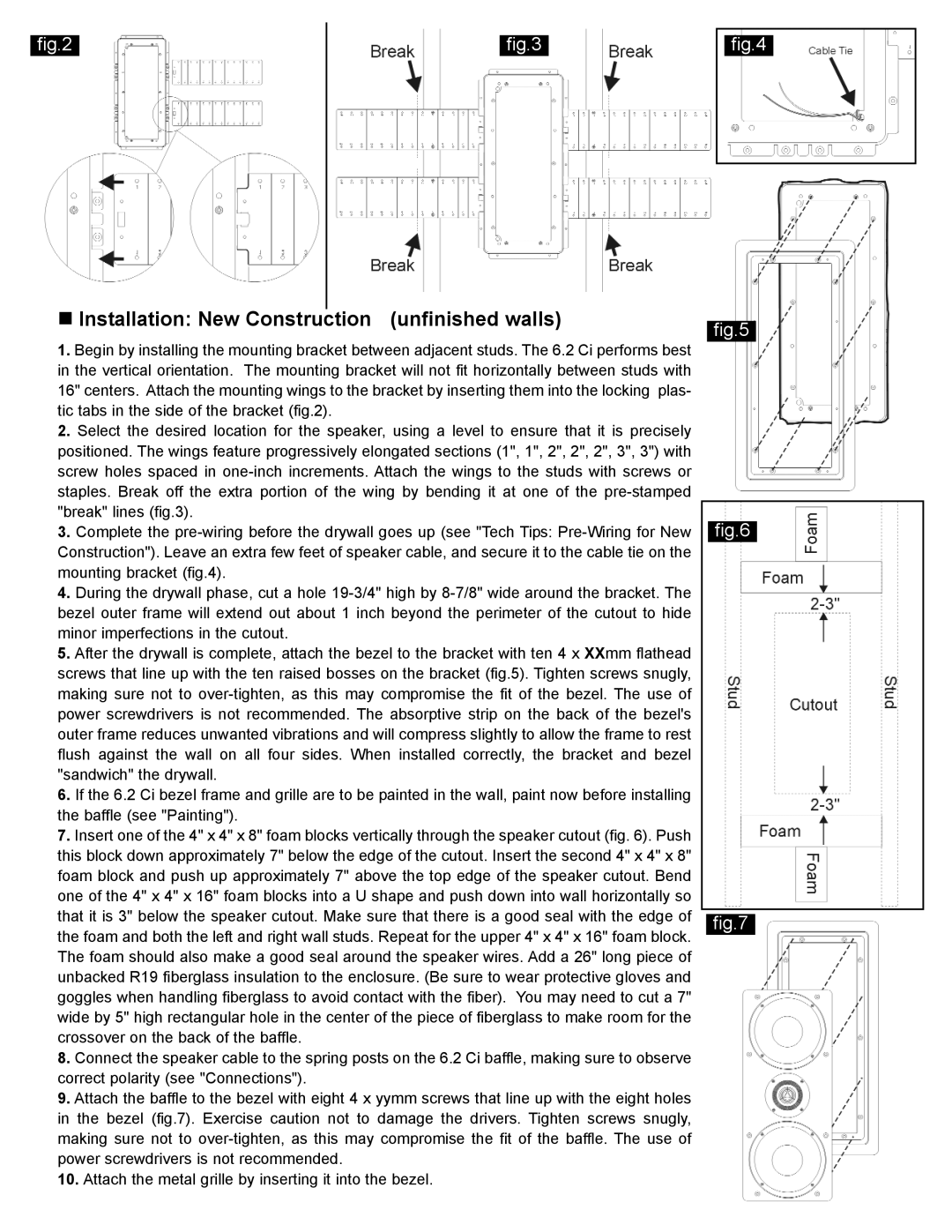 NHT 6.2 Ci owner manual „ Installation New Construction unfinished walls 