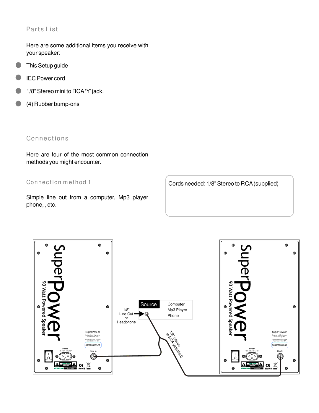 NHT 9993 setup guide Parts List, Connections, Connection method, Stereo 