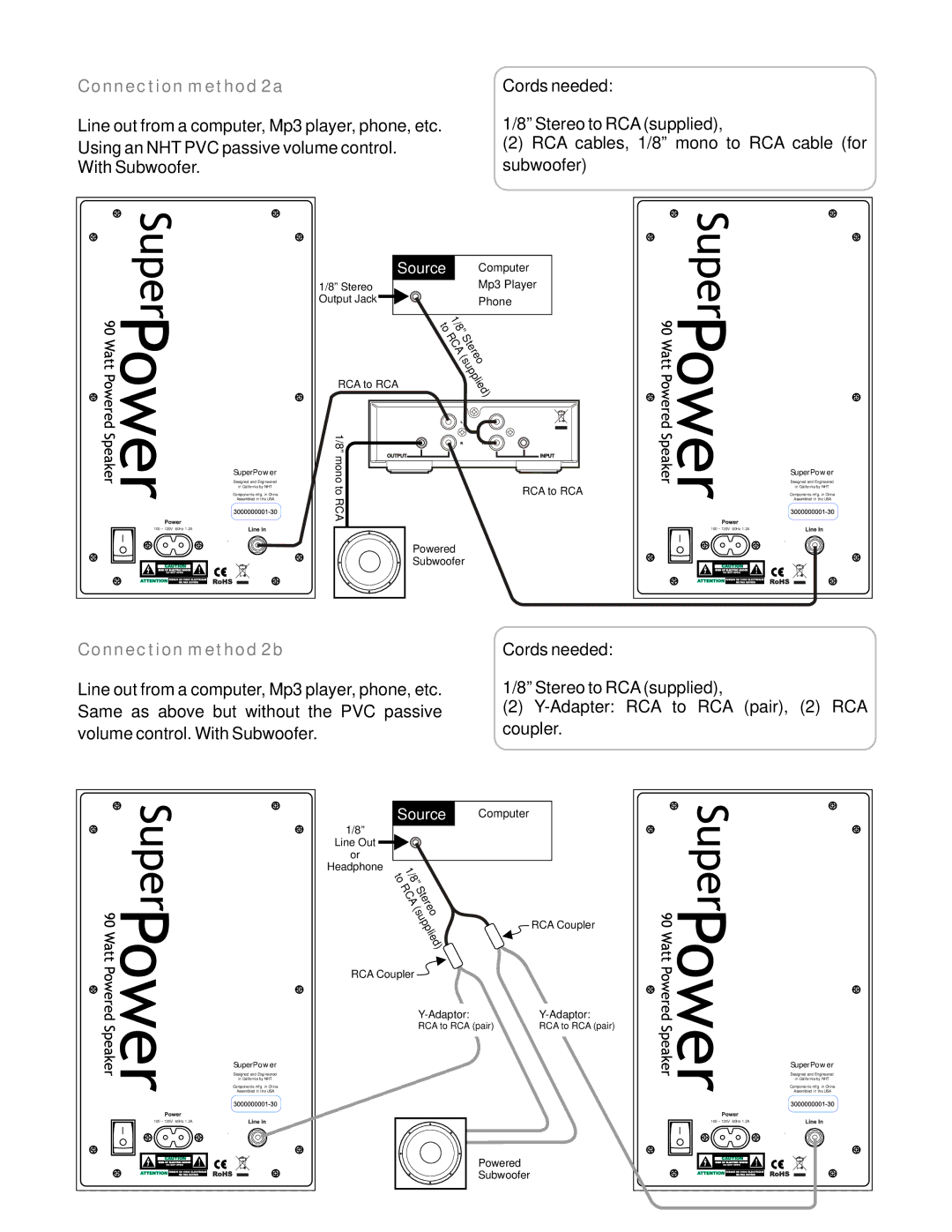 NHT 9993 setup guide Connection method 2a, Connection method 2b, Stereo Supplied 