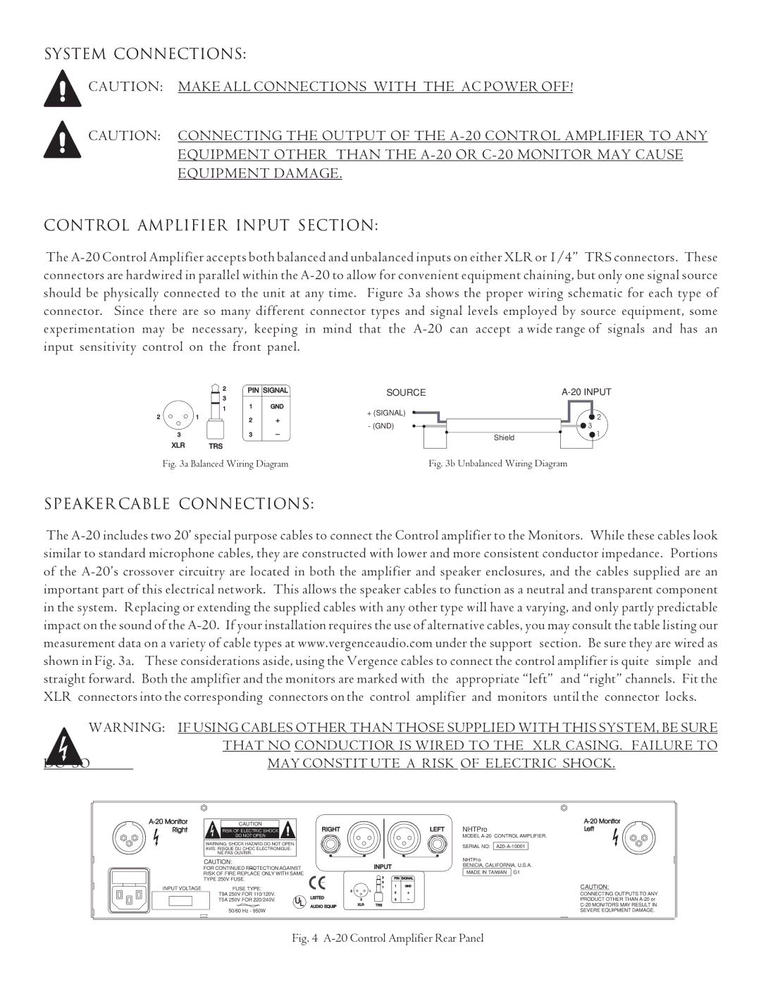 NHT A-20 owner manual System Connections Control Amplifier Input Section, Speaker Cable Connections 