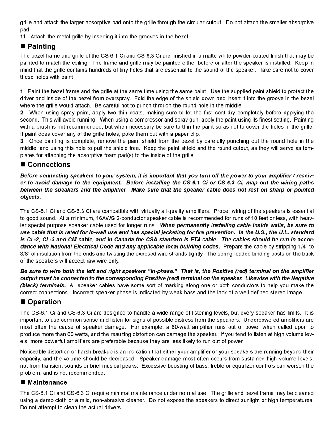 NHT CS-6.1 Ci, CS-6.3 Ci specifications „ Painting, „ Connections, „ Operation, „ Maintenance 