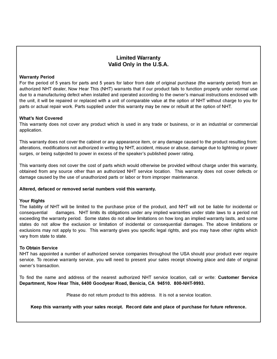 NHT CS-6.1 Ci, CS-6.3 Ci Limited Warranty Valid Only in the U.S.A, Warranty Period What’s Not Covered, To Obtain Service 