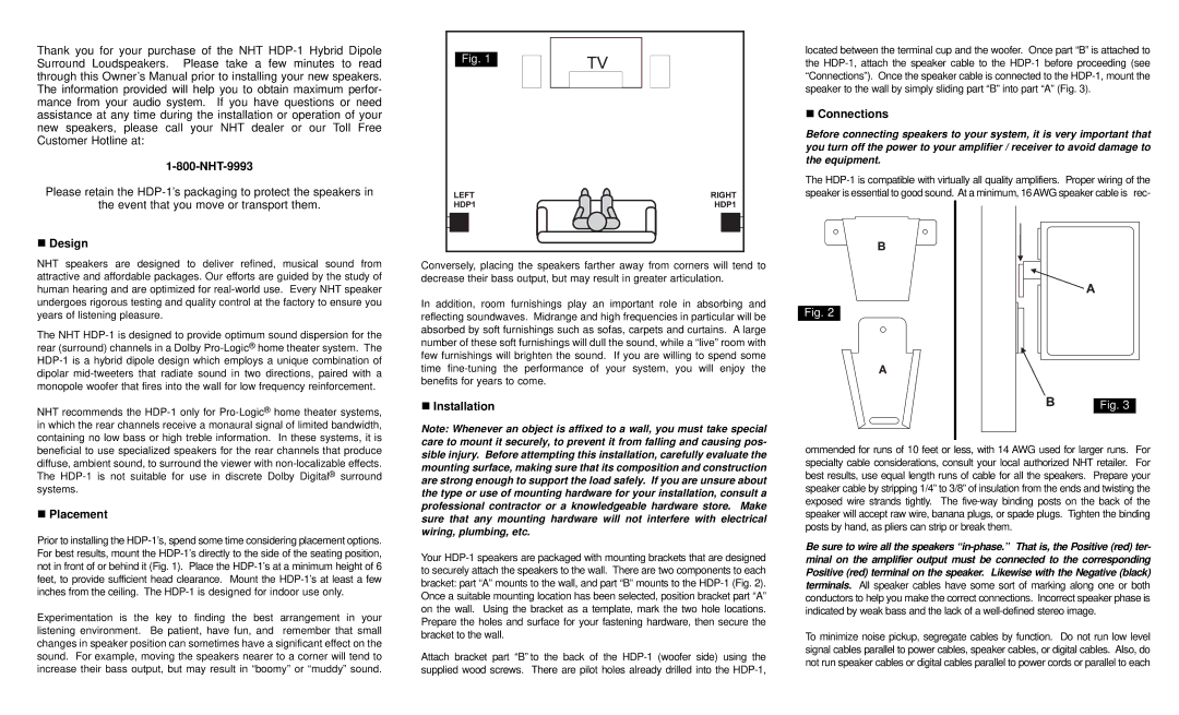 NHT HDP-1 owner manual NHT-9993, Design, Placement, Installation, Connections 