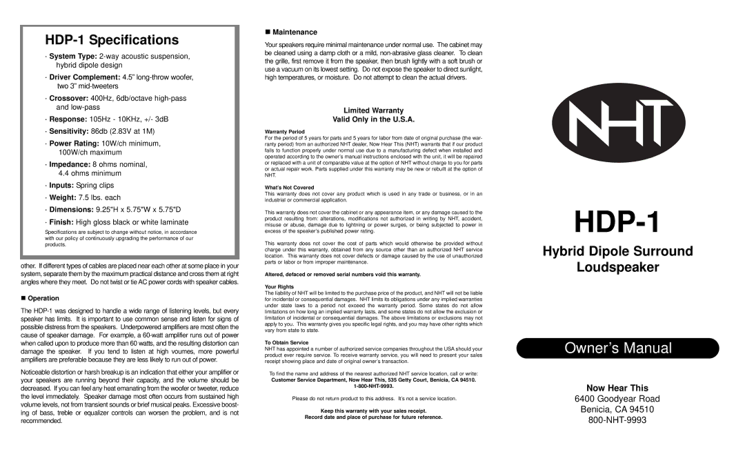 NHT HDP-1 Maintenance, Limited Warranty Valid Only in the U.S.A, Warranty Period What’s Not Covered, To Obtain Service 