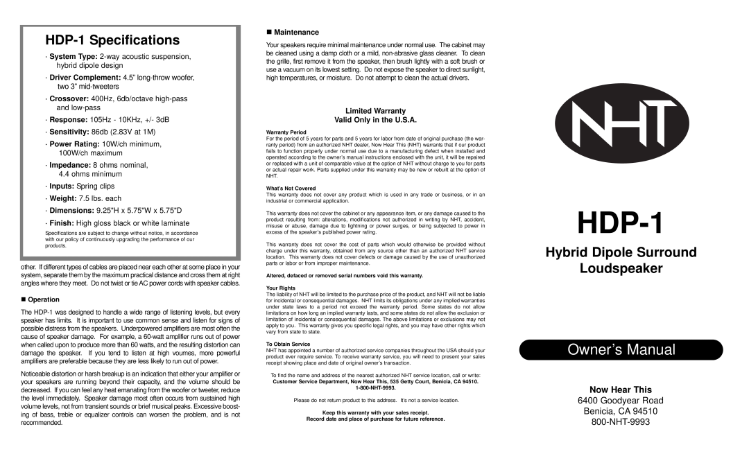 NHT Maintenance, Limited Warranty Valid Only in the U.S.A, HDP-1Specifications, Hybrid Dipole Surround Loudspeaker 