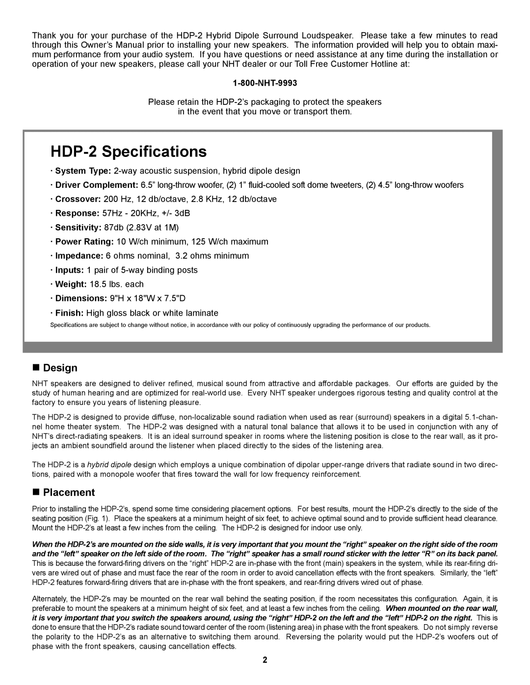 NHT owner manual HDP-2 Specifications, „ Design, „ Placement, NHT-9993 