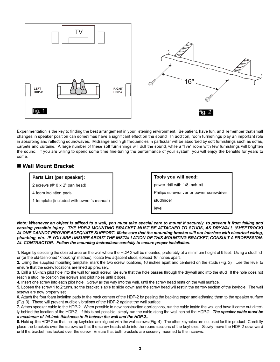 NHT HDP-2 owner manual „ Wall Mount Bracket, Parts List per speaker, Tools you will need 