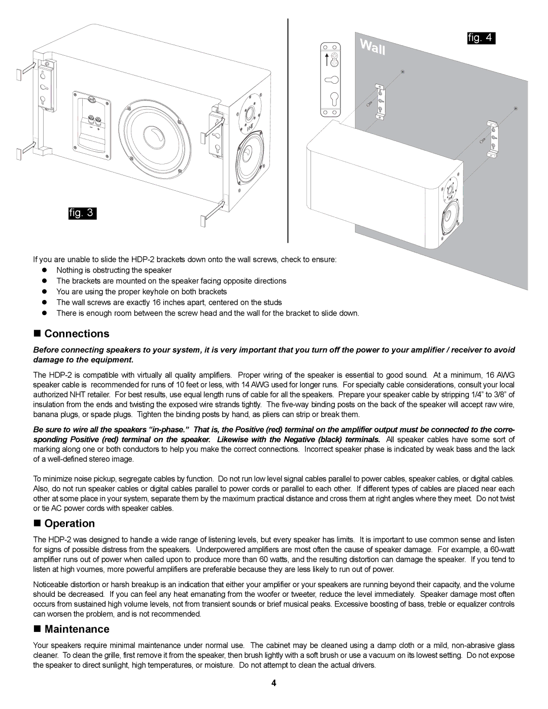 NHT HDP-2 owner manual „ Connections, „ Operation, „ Maintenance 