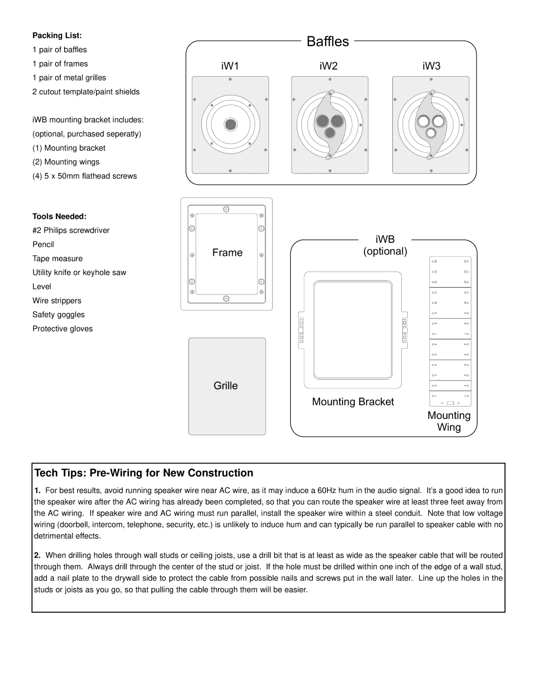 NHT IW1 owner manual Tech Tips Pre-Wiring for New Construction, Packing List 