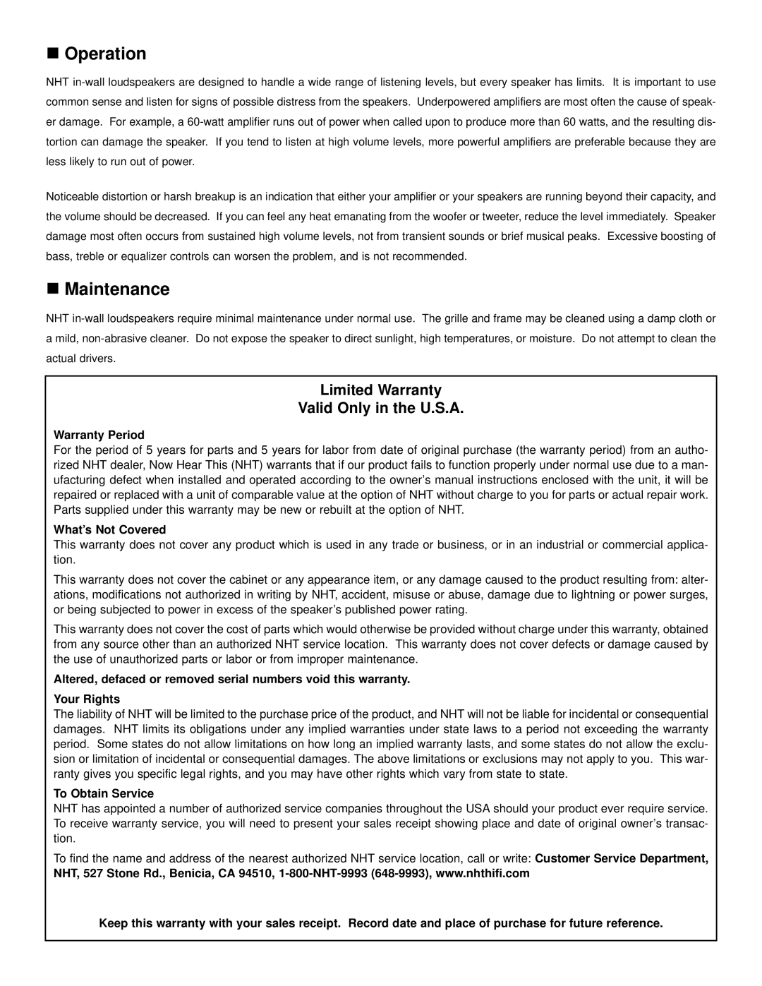 NHT IW1 owner manual Operation, Maintenance, Limited Warranty Valid Only in the U.S.A 