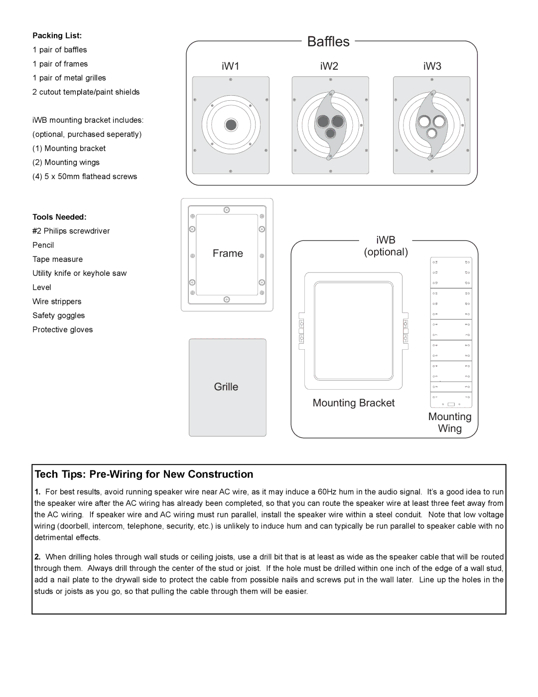 NHT IW2, iW3 owner manual Tech Tips Pre-Wiring for New Construction, Packing List 