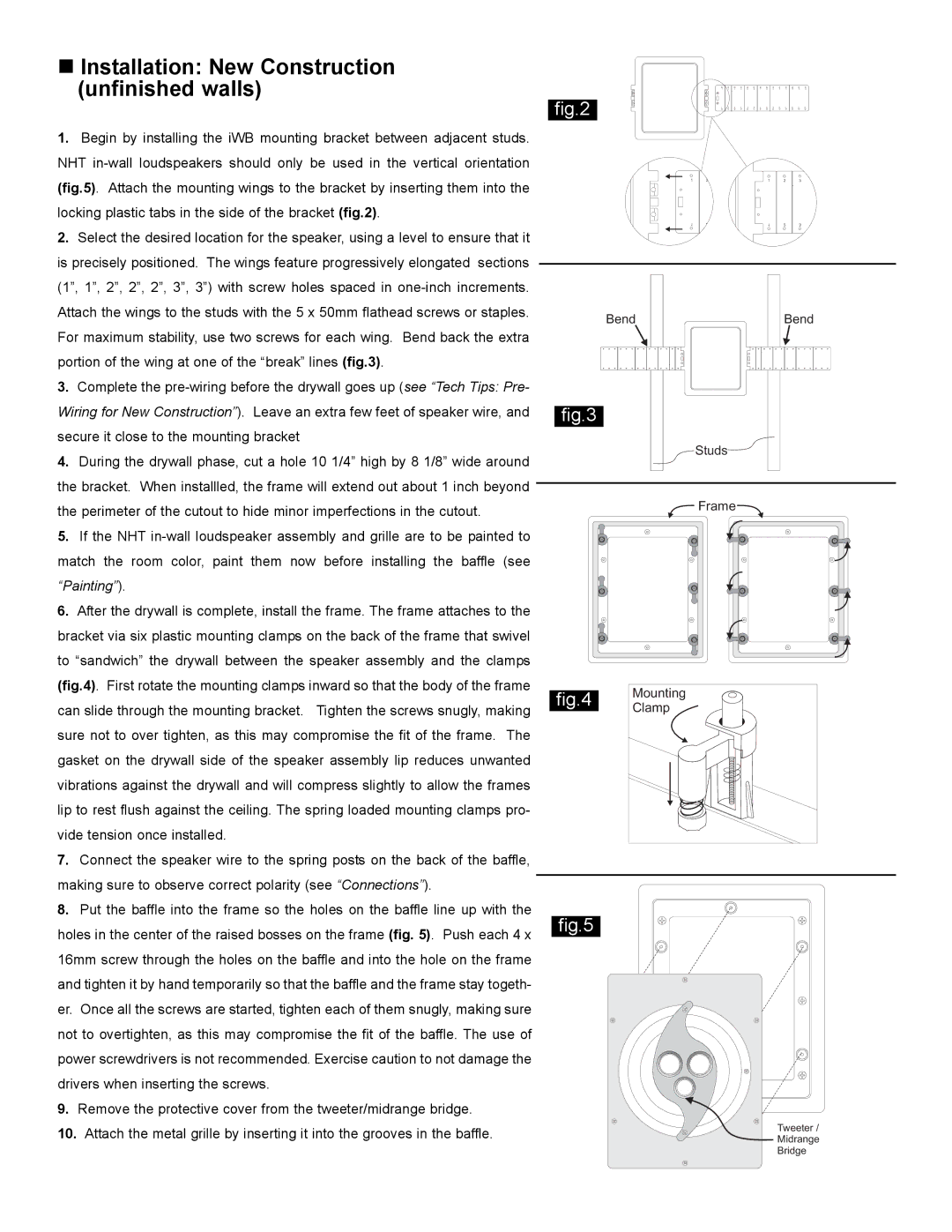 NHT iW3, IW2 owner manual „ Installation New Construction, Unfinished walls 