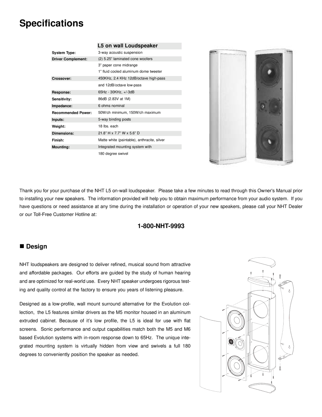 NHT owner manual NHT-9993 Design, L5 on wall Loudspeaker 