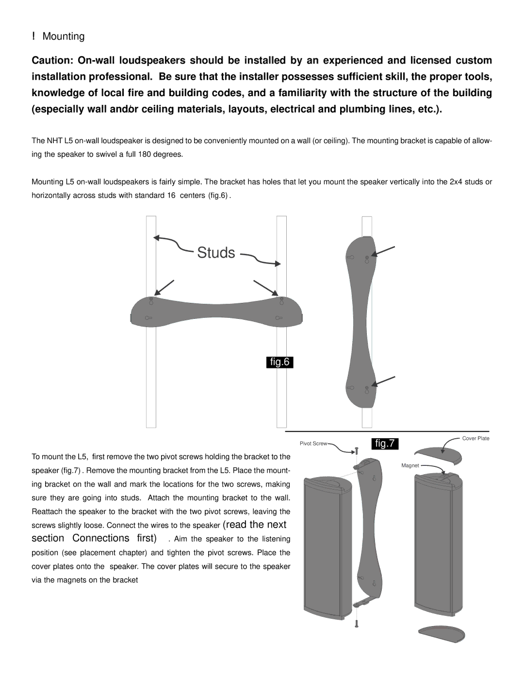 NHT L5 owner manual Studs, Mounting 