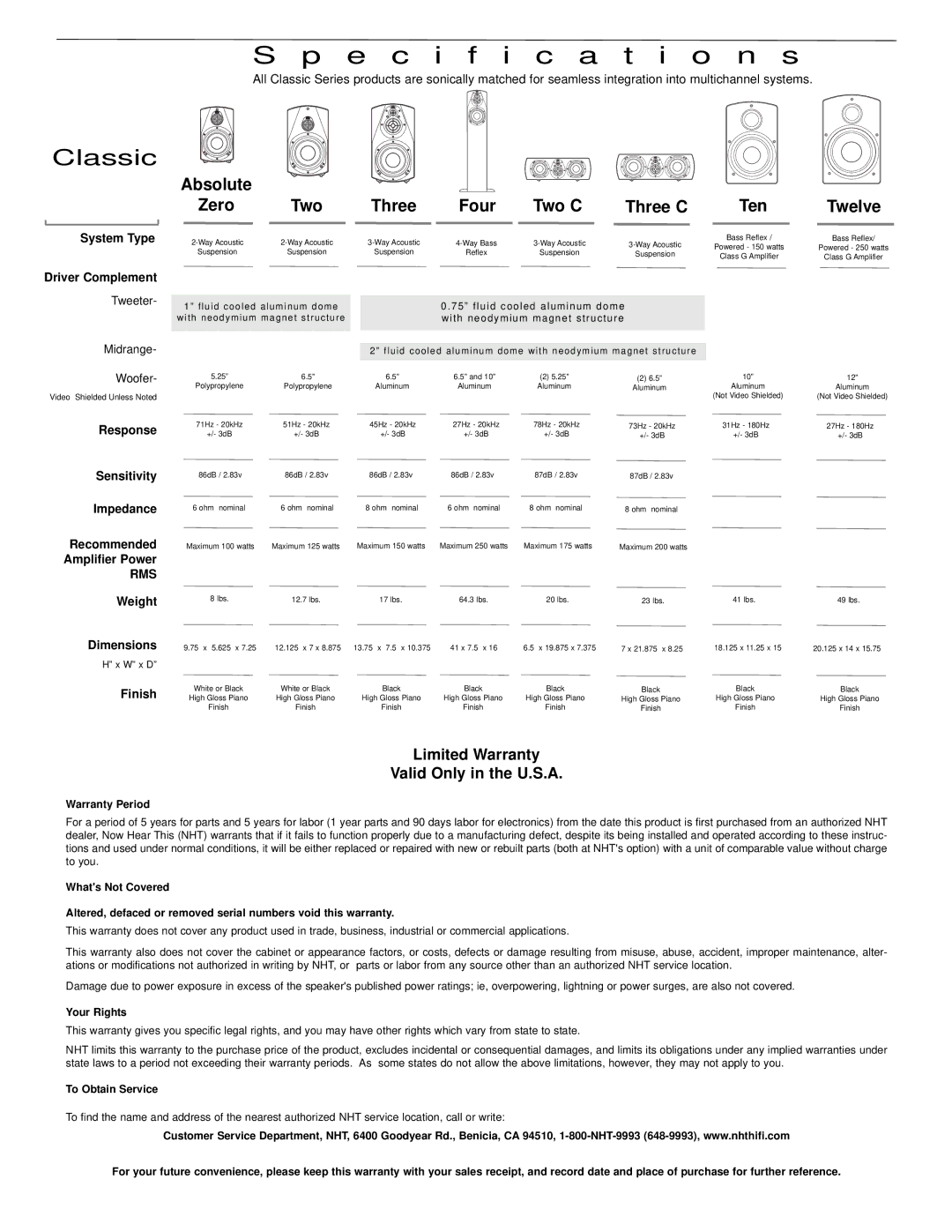 NHT Powered Subwoofers owner manual Specification s 