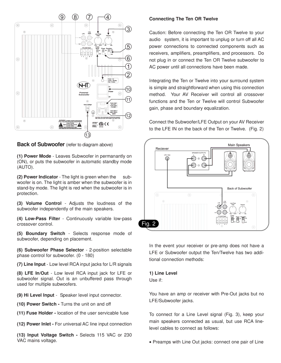 NHT Powered Subwoofers owner manual Connecting The Ten or Twelve, Line Level Use if 