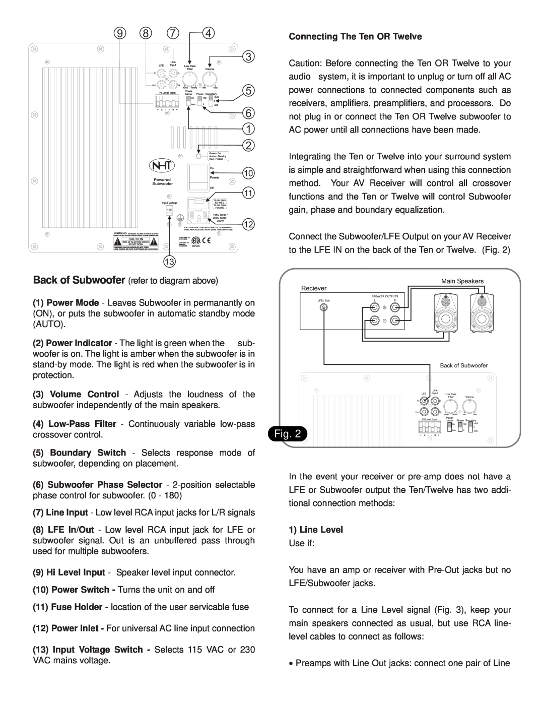 NHT Powered Subwoofers owner manual 3 5, Connecting The Ten OR Twelve, 1Line Level Use if 