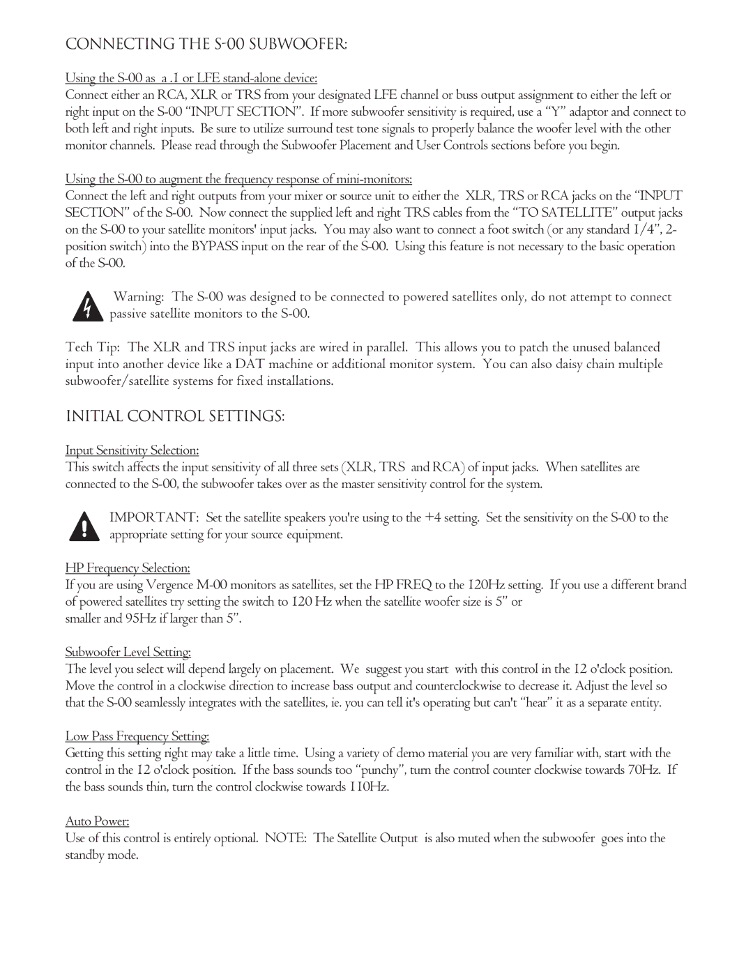 NHT S-00 Powered owner manual Connecting the S-00 Subwoofer, Initial Control Settings 