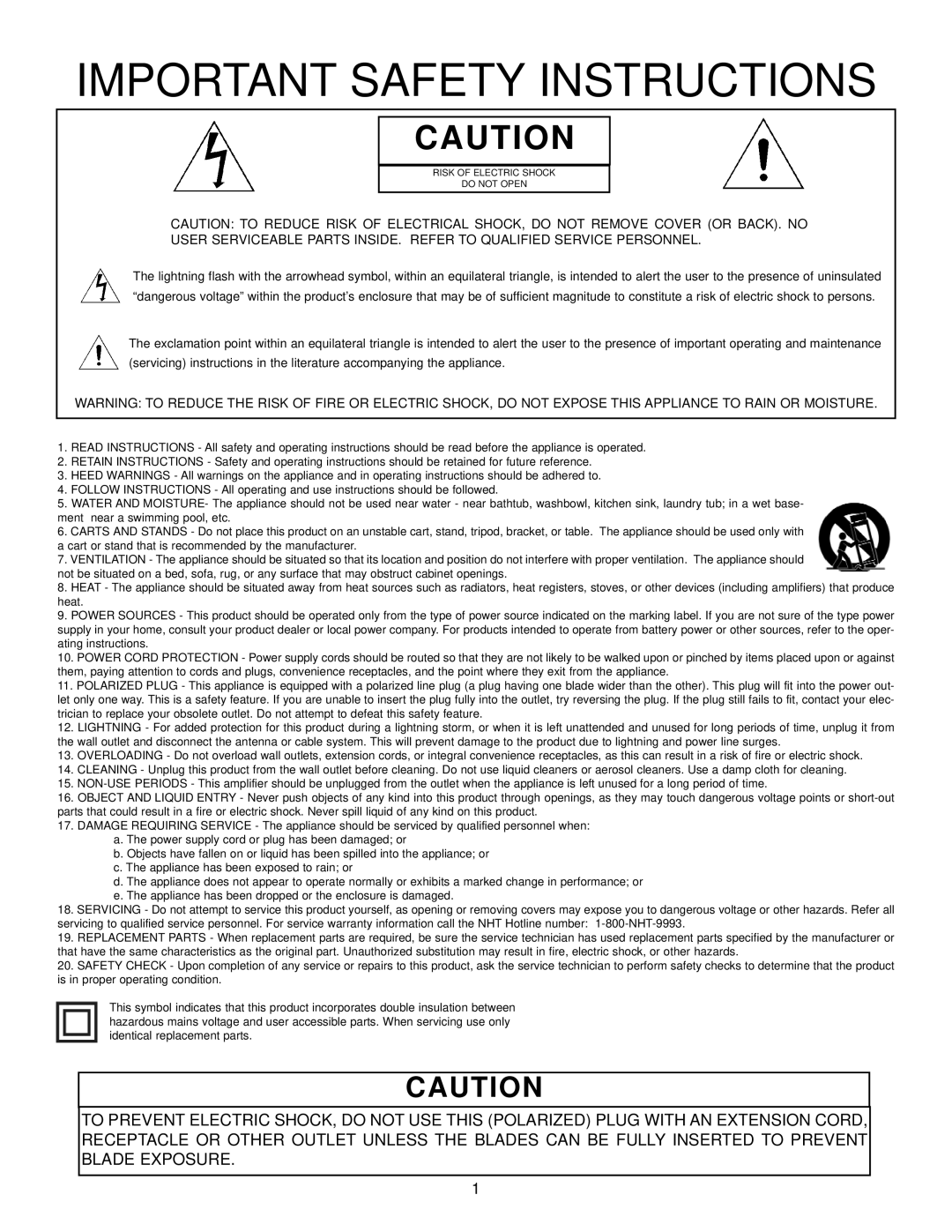 NHT S-20 owner manual Important Safety Instructions 