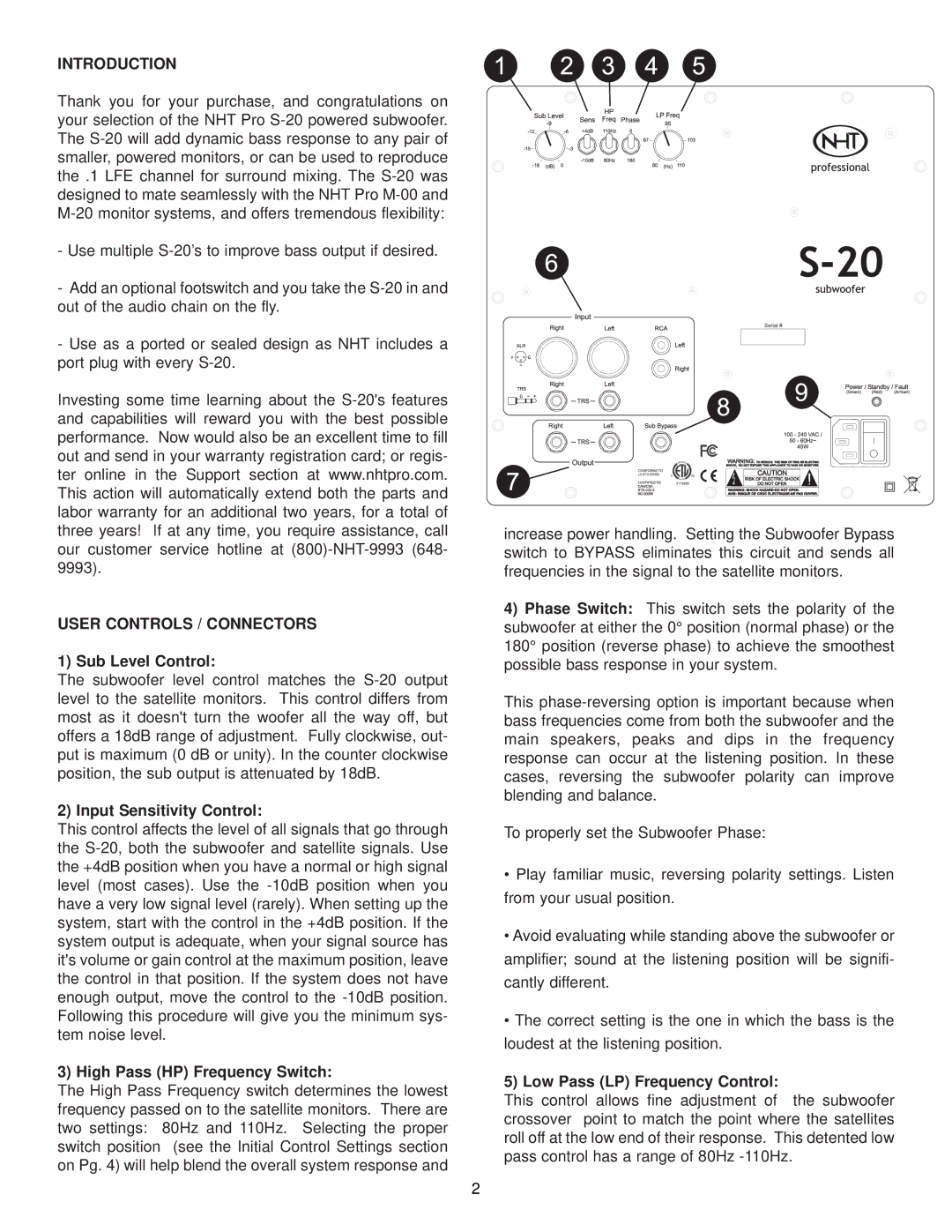 NHT S-20 owner manual Introduction, User Controls / Connectors 