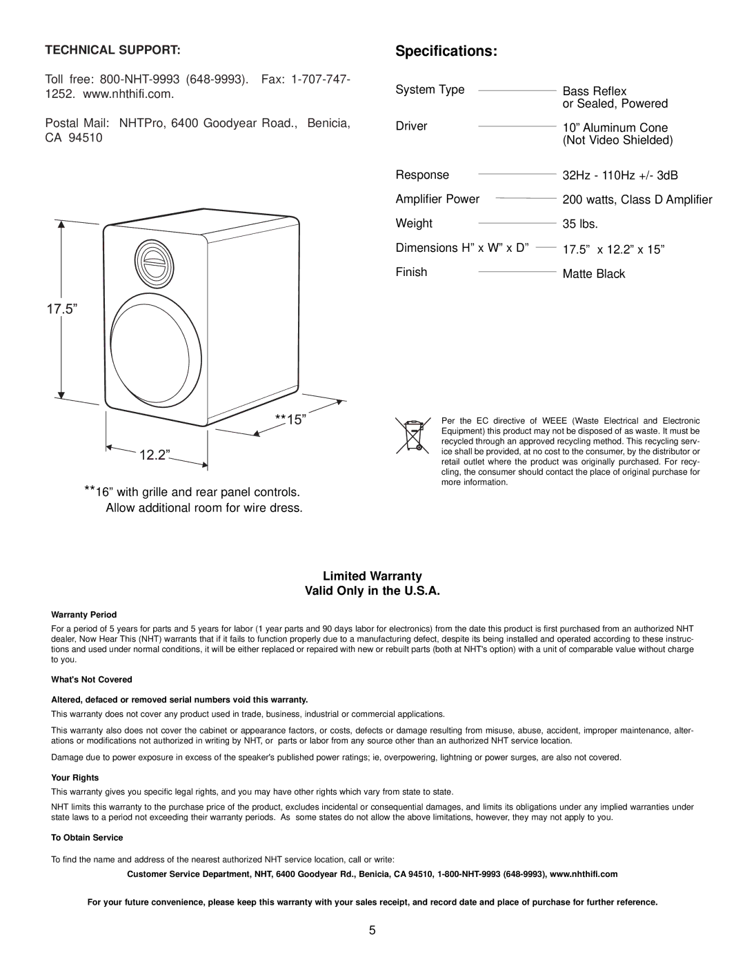 NHT S-20 owner manual Specifications, Technical Support 