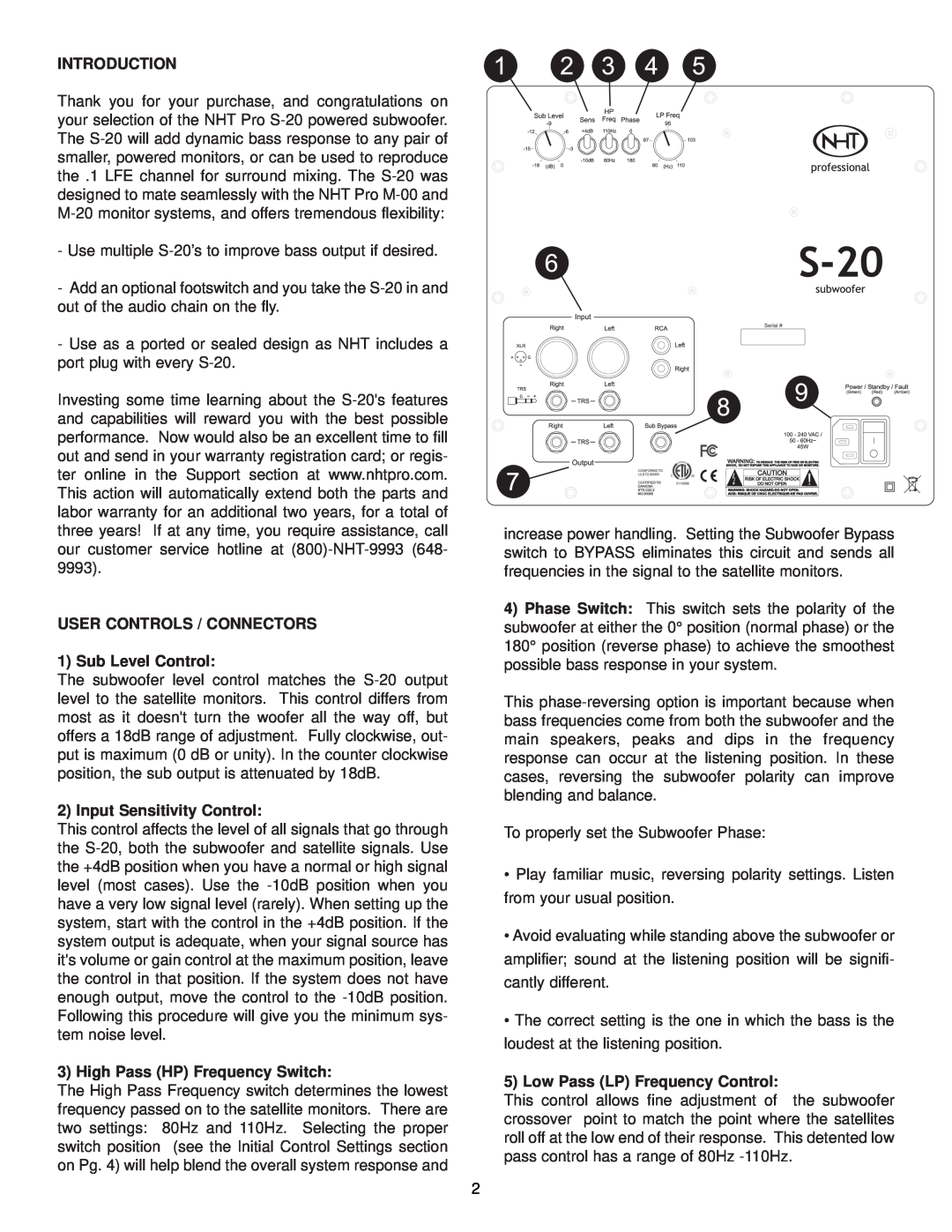NHT S-20 owner manual Introduction, USER CONTROLS / CONNECTORS 1 Sub Level Control, Input Sensitivity Control 