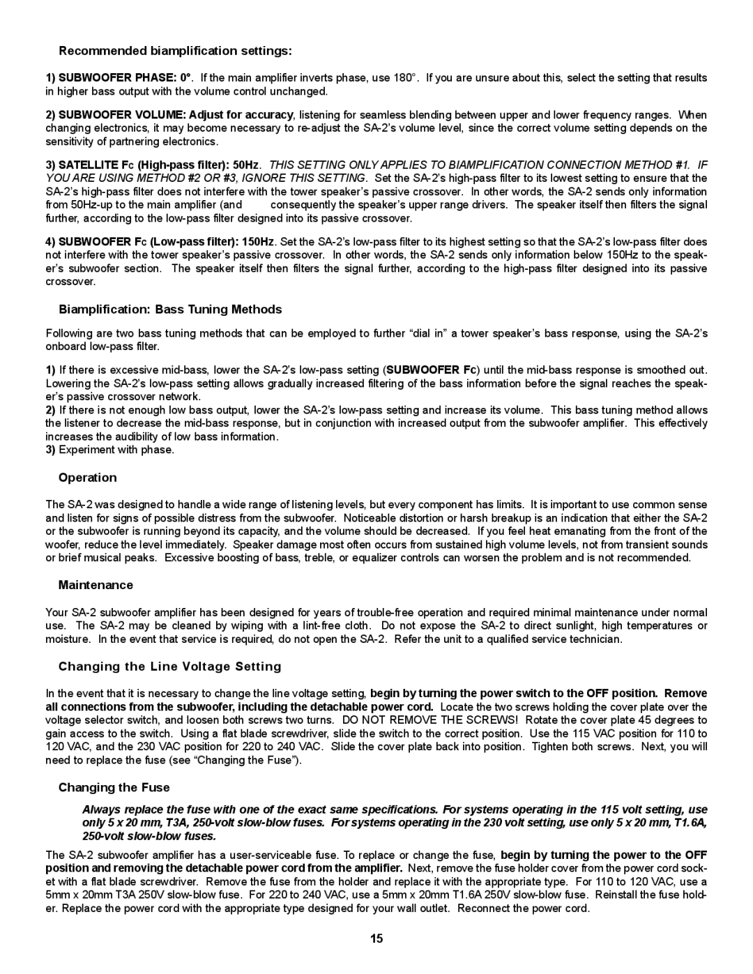 NHT SA-2 „ Recommended biamplification settings, „ Biamplification Bass Tuning Methods, „ Operation, „ Maintenance 