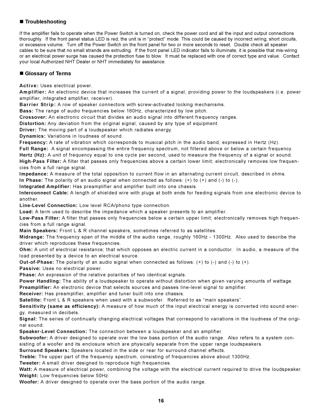 NHT SA-2 owner manual „ Troubleshooting, „ Glossary of Terms 