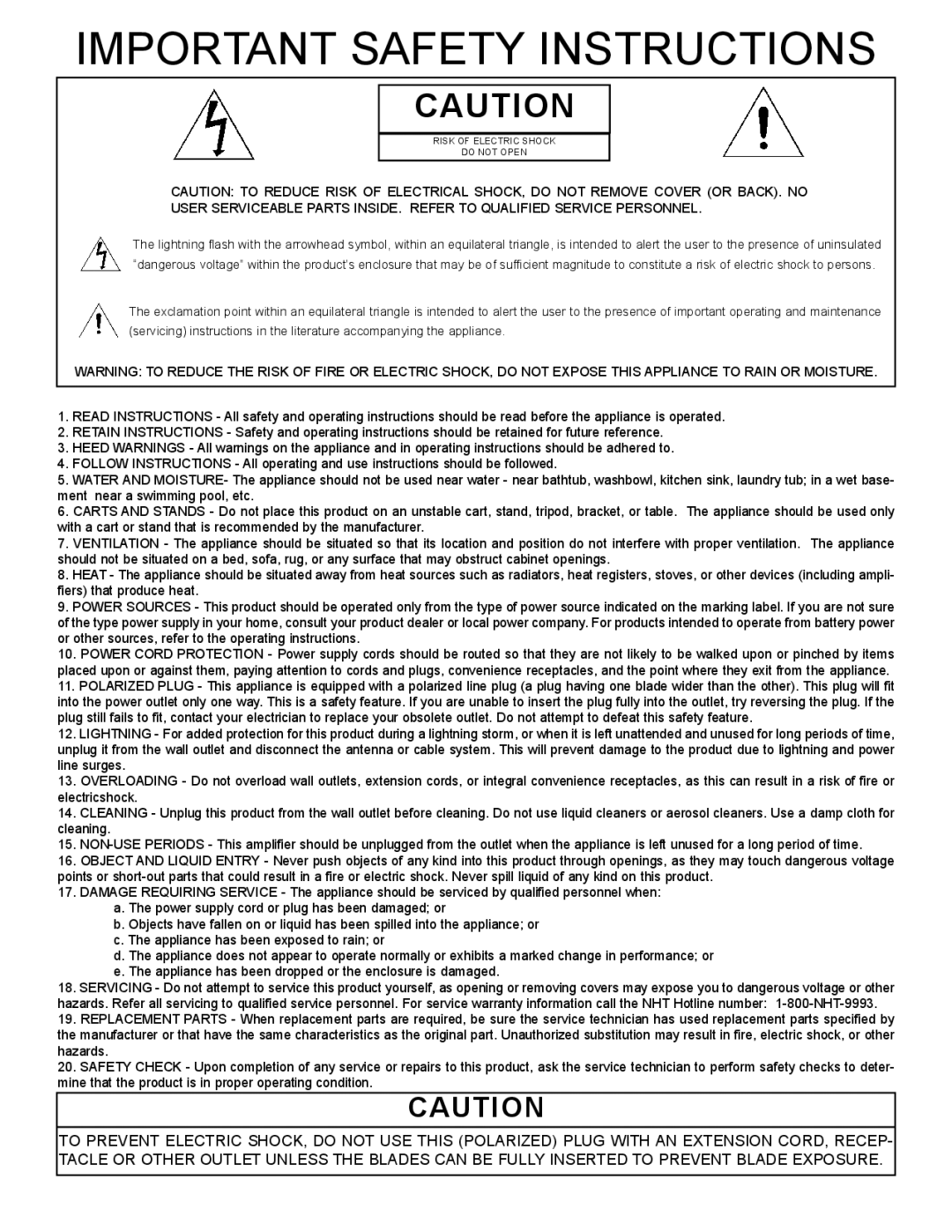 NHT SA-2 owner manual Important Safety Instructions 