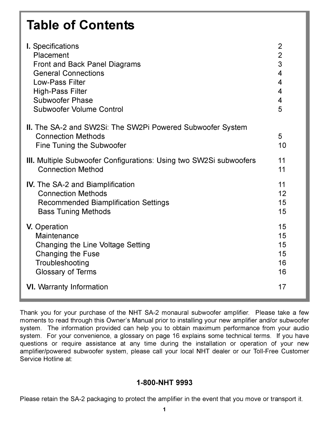 NHT SA-2 owner manual Table of Contents 