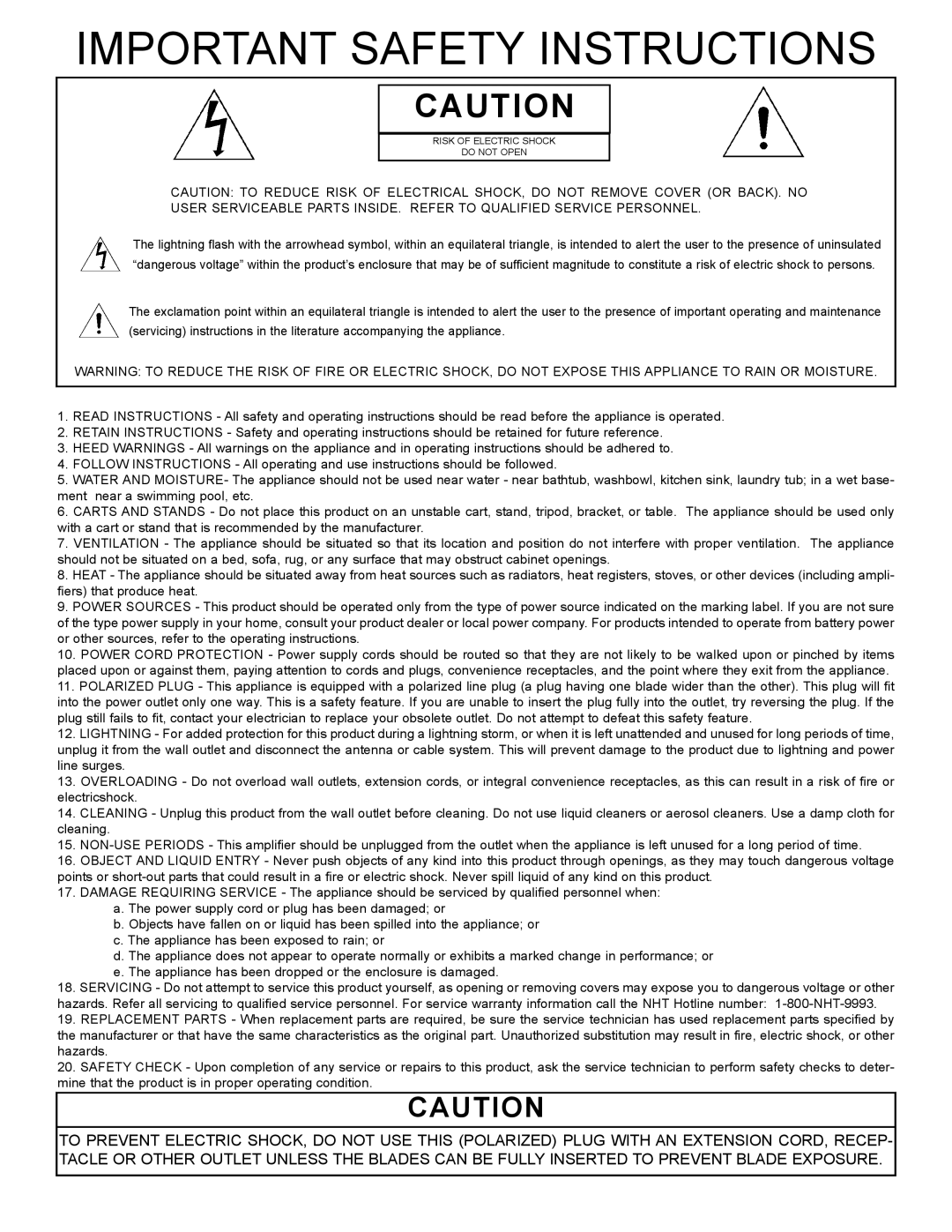 NHT SA-2 owner manual Important Safety Instructions 