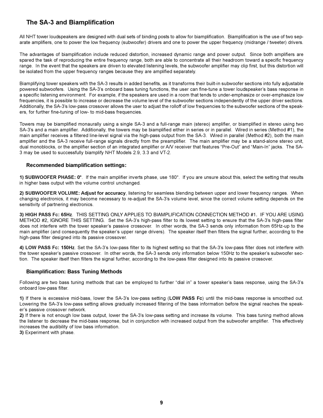 NHT „ The SA-3 and Biamplification, „ Recommended biamplification settings, „ Biamplification Bass Tuning Methods 