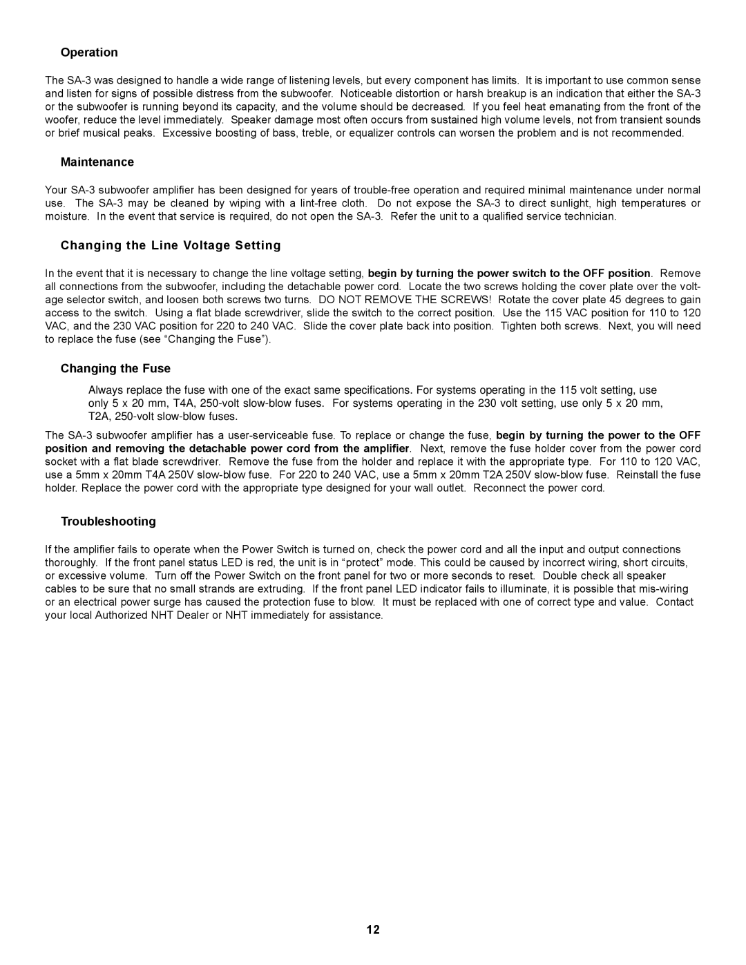 NHT SA-3 „ Operation, „ Maintenance, „ Changing the Line Voltage Setting, „ Changing the Fuse, „ Troubleshooting 