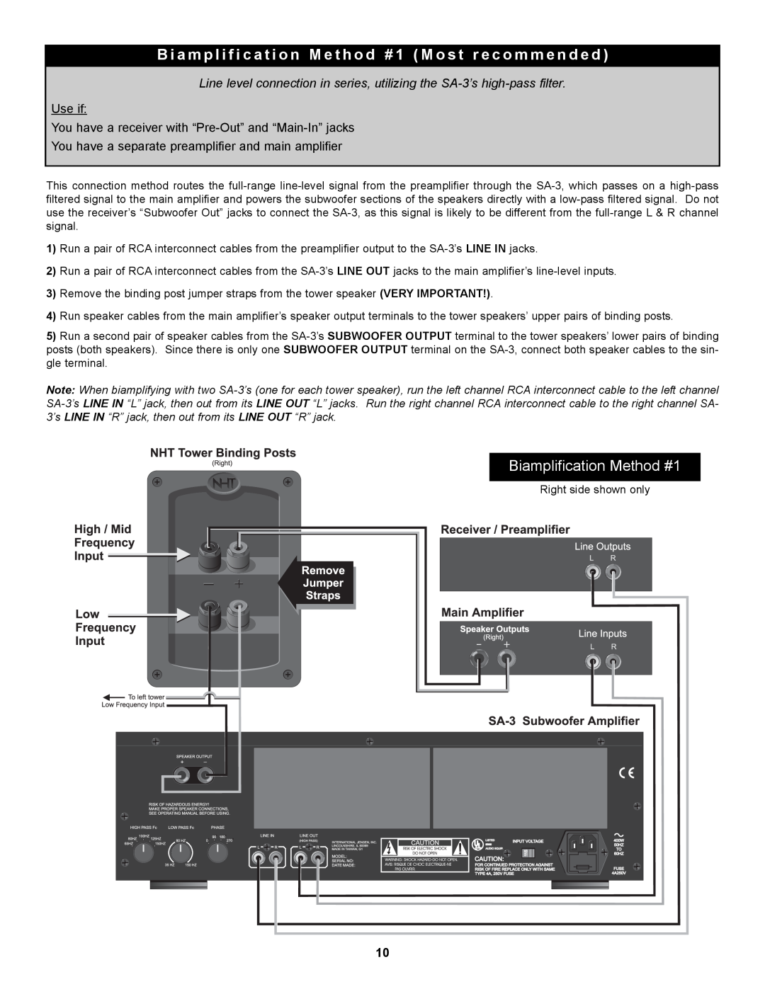 NHT SA-3 owner manual Biamplification Method #1, Use if You have a receiver with “Pre-Out” and “Main-In” jacks 
