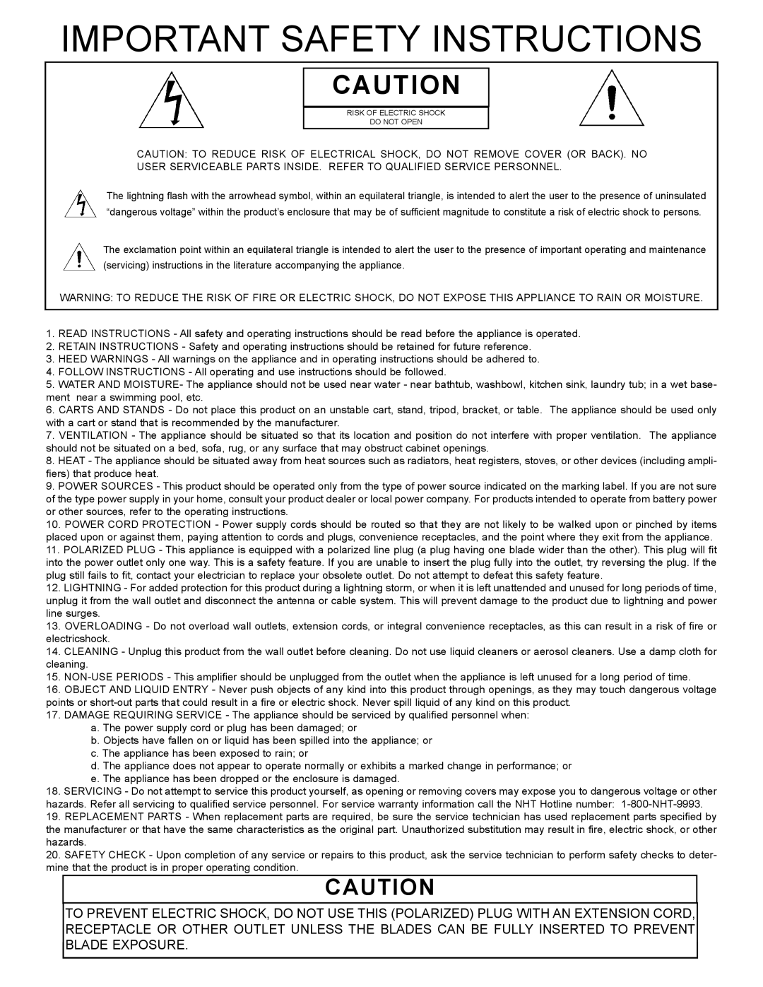 NHT SA-3 owner manual Important Safety Instructions 
