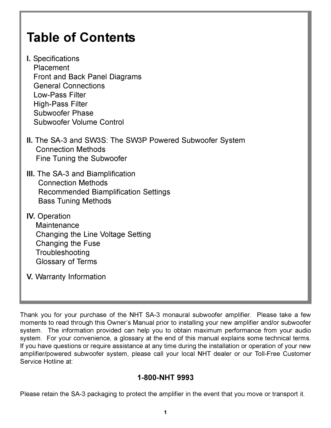 NHT SA-3 owner manual Table of Contents, 1-800-NHT 