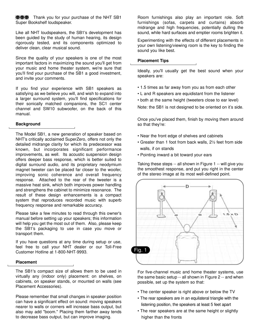 NHT SB 1 user manual Background, Placement Tips 