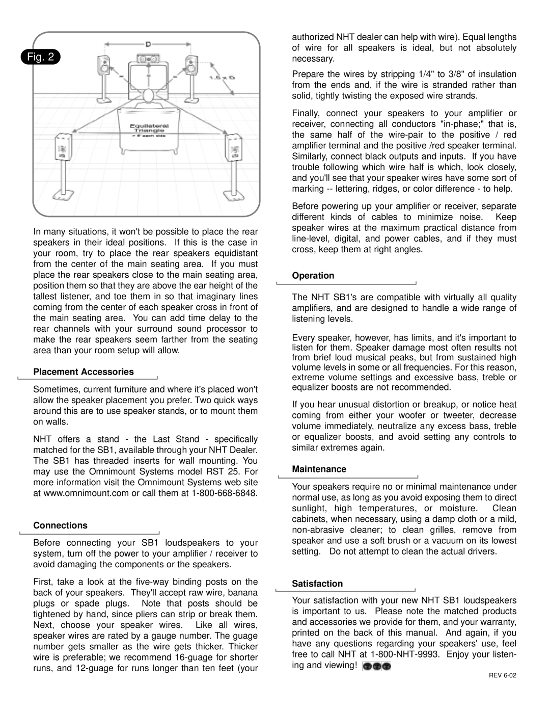 NHT SB 1 user manual Placement Accessories, Connections, Operation, Maintenance, Satisfaction 