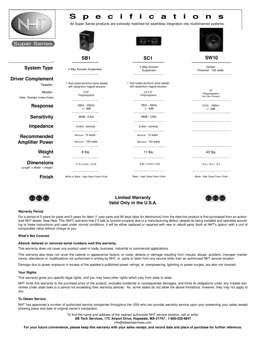 NHT SB 1 user manual Specification s, Limited Warranty Valid Only in the U.S.A 