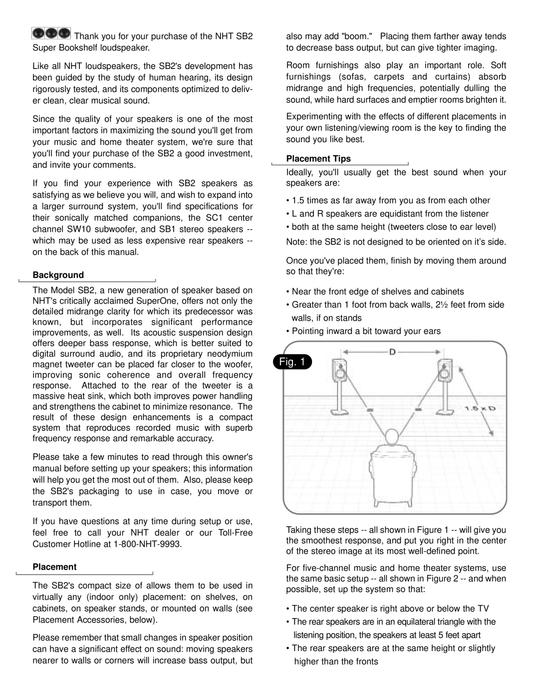 NHT SB2 user manual Background, Placement Tips 