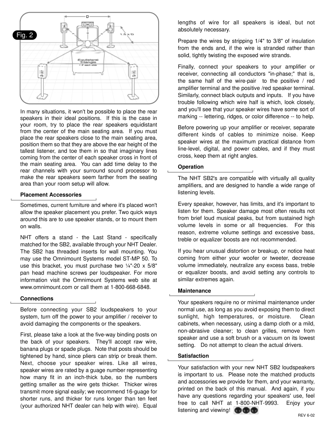 NHT SB2 user manual Placement Accessories, Connections, Operation, Maintenance, Satisfaction 