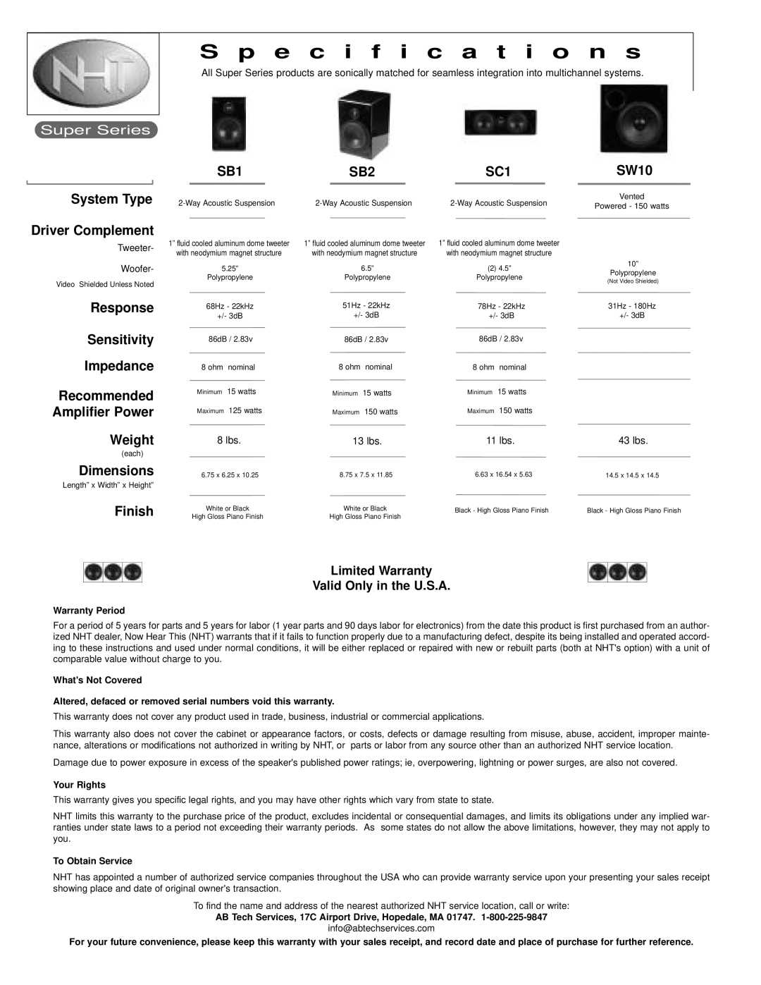 NHT SB2 user manual Specification s, Limited Warranty Valid Only in the U.S.A 