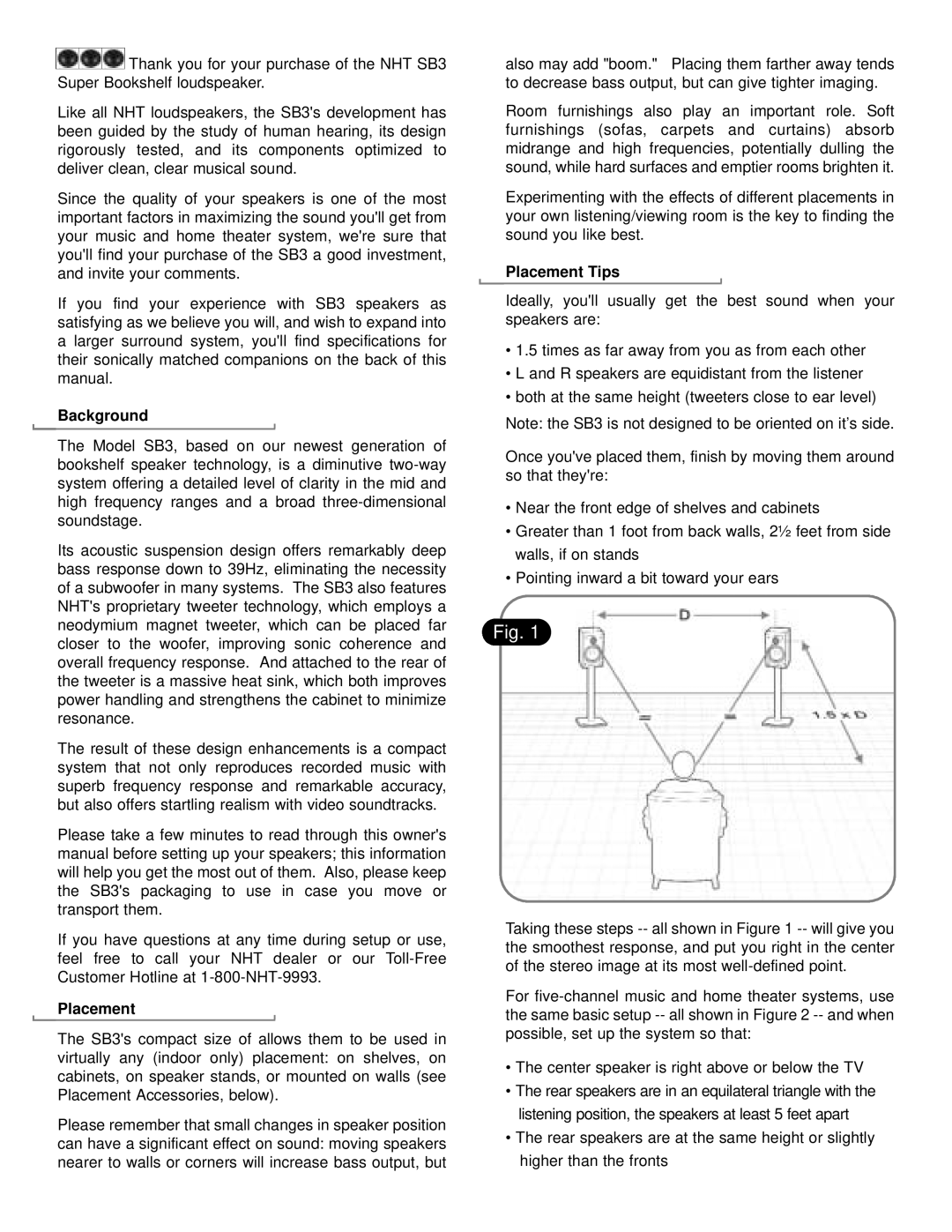 NHT SB3 user manual Background, Placement Tips 