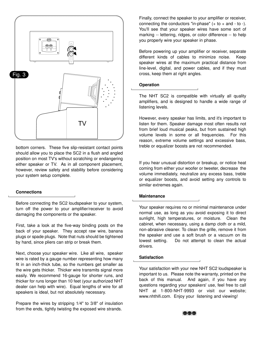 NHT Sc 2 user manual Operation, Connections, Maintenance, Satisfaction 