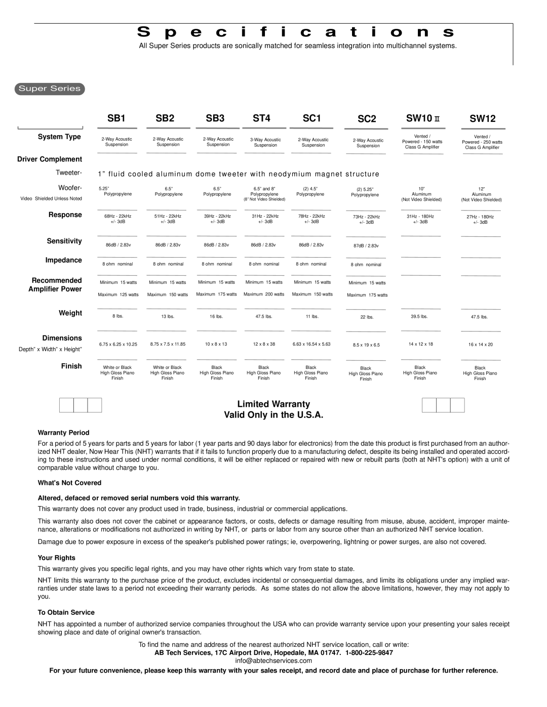 NHT Sc 2 user manual Specification s, Limited Warranty Valid Only in the U.S.A 