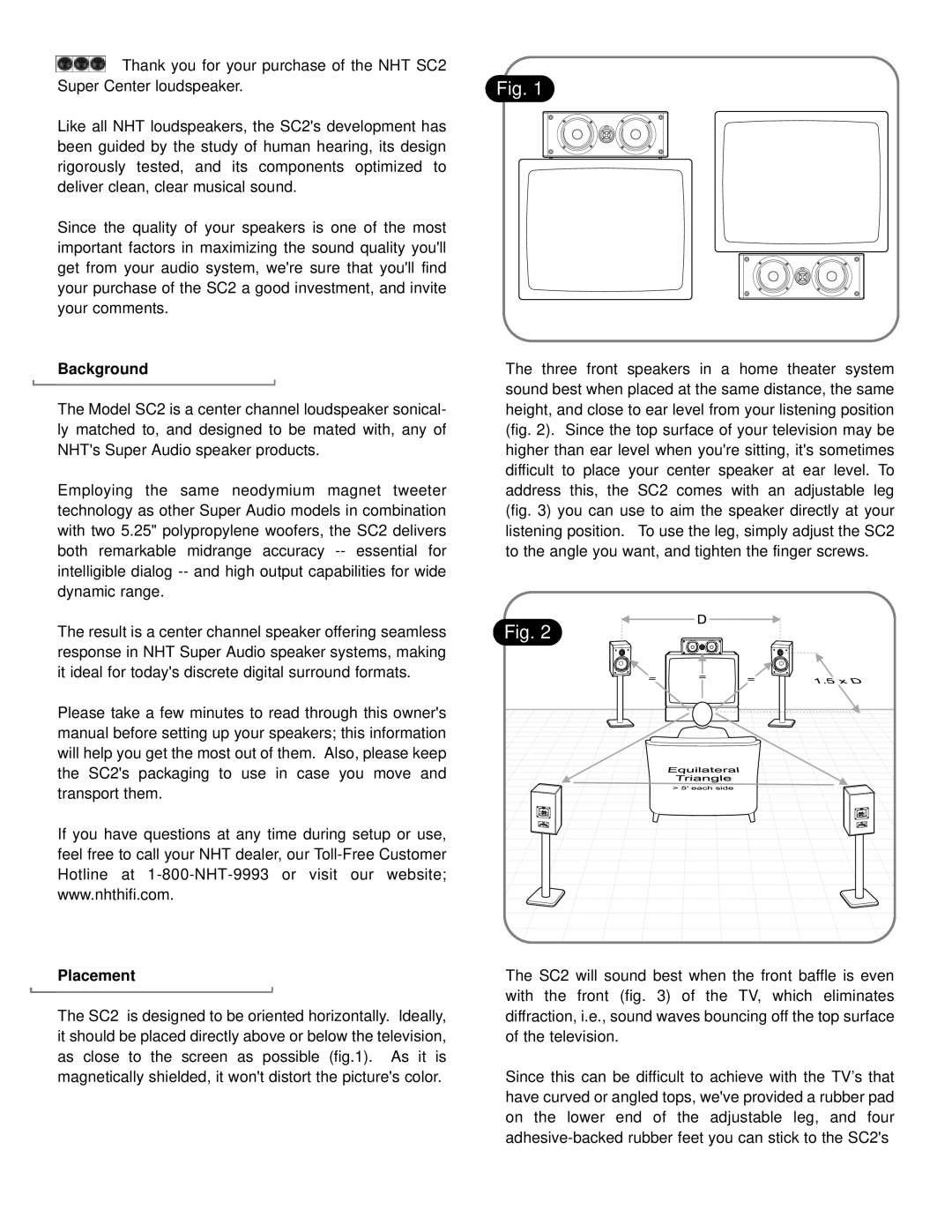 NHT Sc 2 user manual Background, Placement 